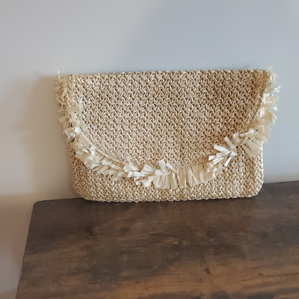 Woven Straw Clutch with Fringe